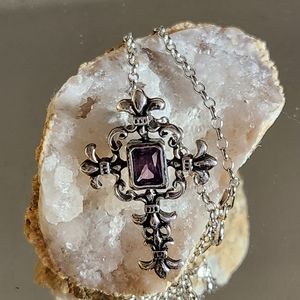 Women's 925 Fleur di Lis Amethyst Cross Necklace on a 925 Rolo Chain.